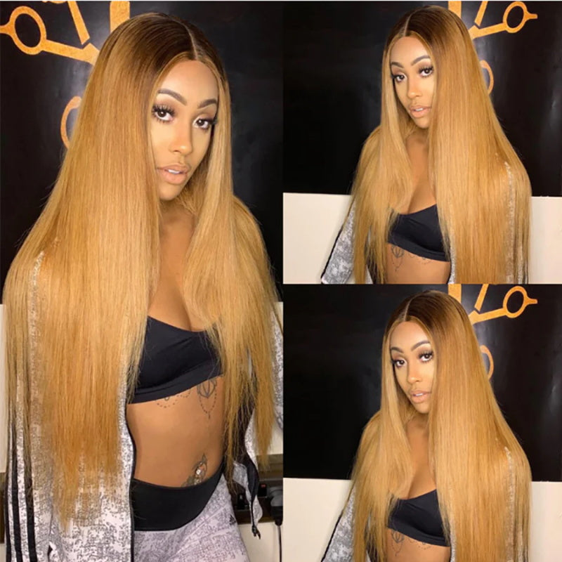 1B/27 Ombre Color Straight 13x4 Lace Front Human Hair Wigs Honey Blonde Color with Dark Roots