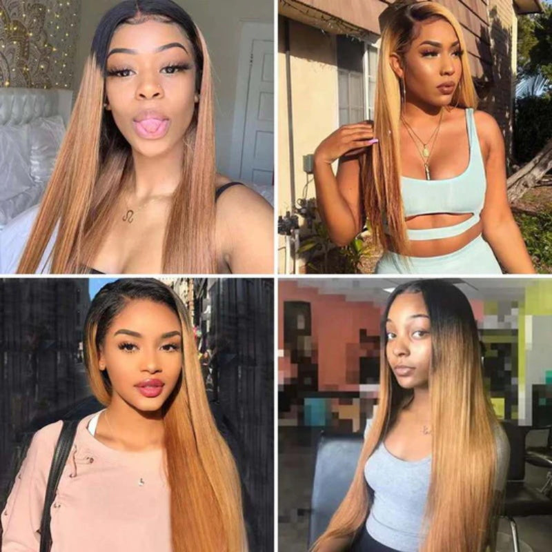 1B/27 Ombre Color Straight 13x4 Lace Front Human Hair Wigs Honey Blonde Color with Dark Roots