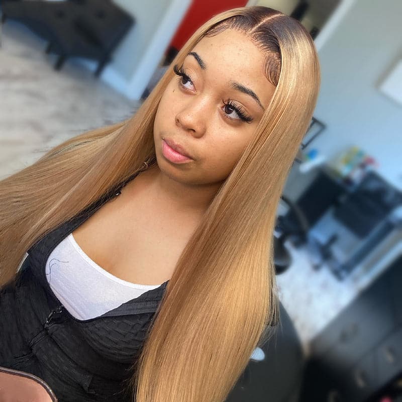 1B/27 Ombre Color Straight 13x4 Lace Front Human Hair Wigs Honey Blonde Color with Dark Roots
