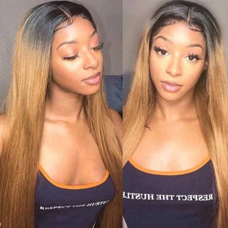 1B/27 Ombre Color Straight 13x4 Lace Front Human Hair Wigs Honey Blonde Color with Dark Roots