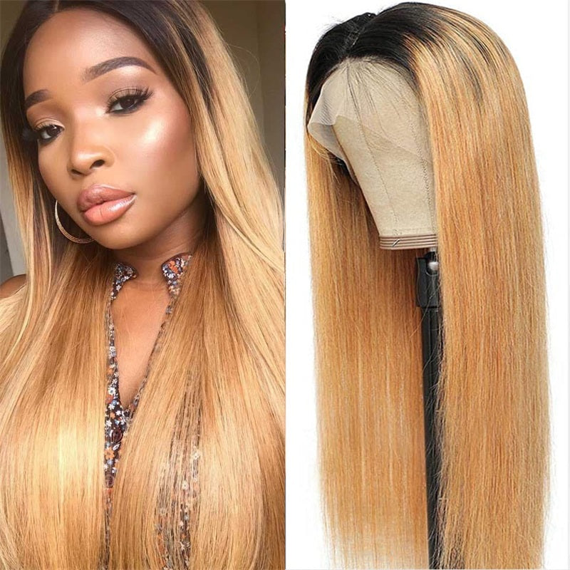 1B/27 Ombre Color Straight 13x4 Lace Front Human Hair Wigs Honey Blonde Color with Dark Roots