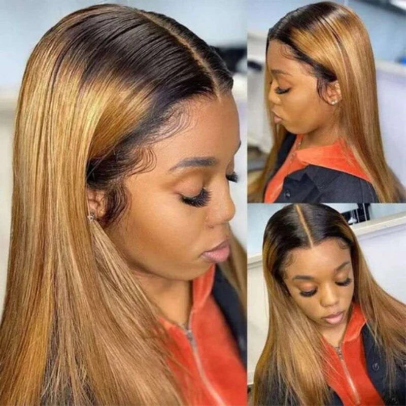 1B/27 Ombre Color Straight 13x4 Lace Front Human Hair Wigs Honey Blonde Color with Dark Roots