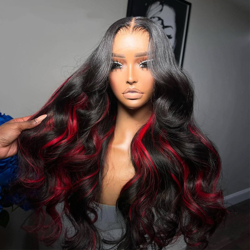 200% Density Black With Red Colored  Skunk Stripe 13x4 Body Wave Highlights Lace Frontal Wig with Pre-Plucked