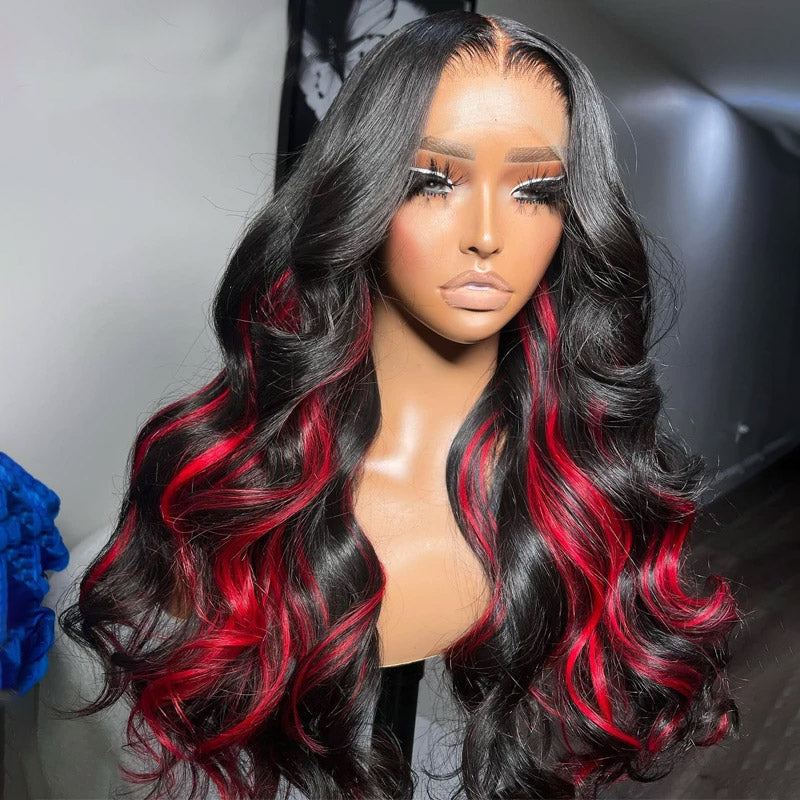 200% Density Black With Red Colored  Skunk Stripe 13x4 Body Wave Highlights Lace Frontal Wig with Pre-Plucked