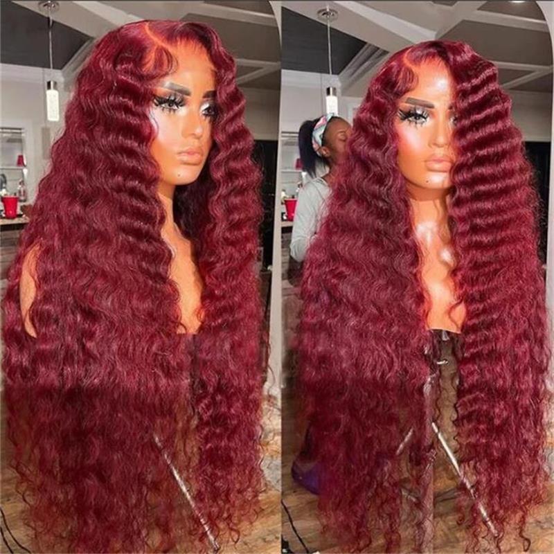 250% 99J Colored Lace Front Human Hair Wigs Deep Wave Burgundy 13x4 HD Lace Frontal Wig Glueless Wig