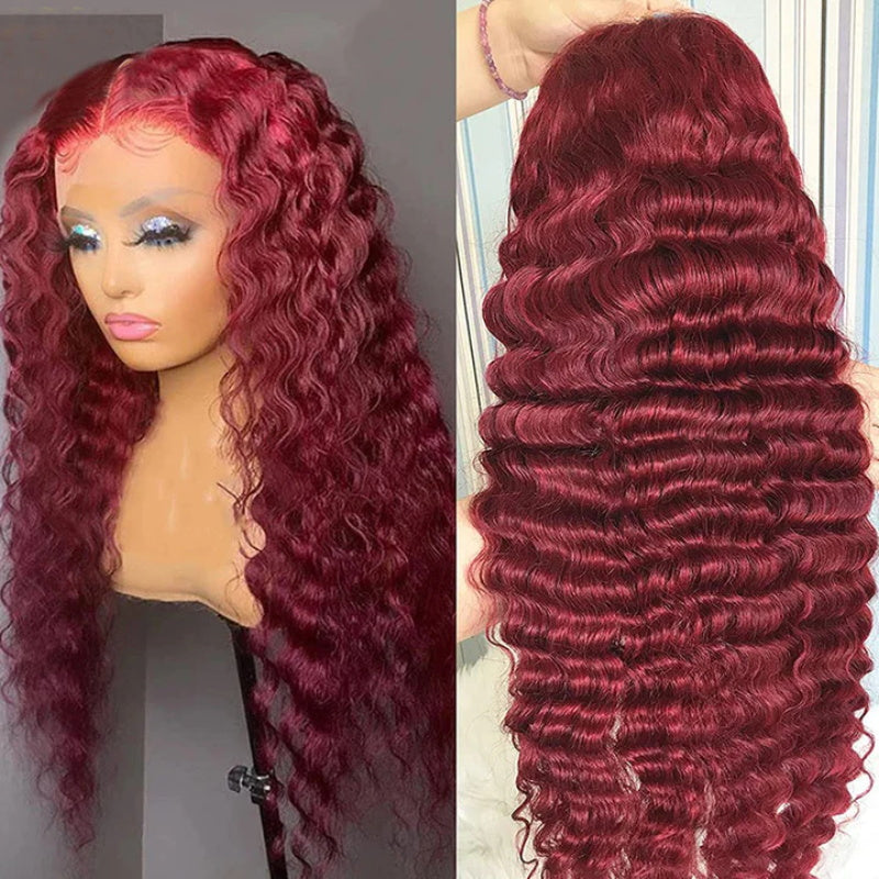 250% 99J Colored Lace Front Human Hair Wigs Deep Wave Burgundy 13x4 HD Lace Frontal Wig Glueless Wig