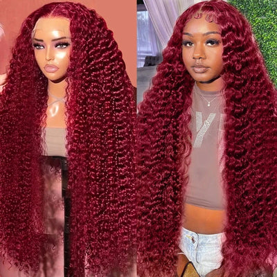 250% 99J Colored Lace Front Human Hair Wigs Deep Wave Burgundy 13x4 HD Lace Frontal Wig Glueless Wig