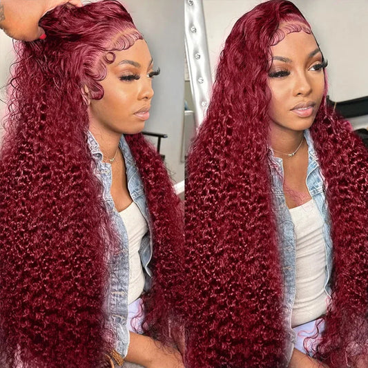 250% 99J Colored Lace Front Human Hair Wigs Deep Wave Burgundy 13x4 HD Lace Frontal Wig Glueless Wig