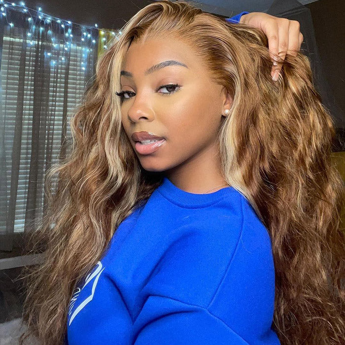Ready To Go Honey Blonde Highlight Body Wave Lace Front Wigs 180% Density Pre-plucked 13x4 Body Wave Human Hair Wigs With Natural Hairline