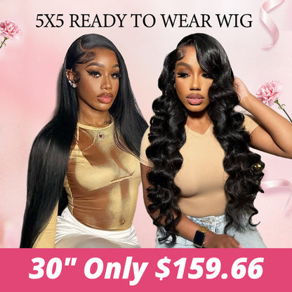 [ 30''= $159.66 ]  Pre Plucked & Bleached Knots & Pre-cut Ready To Wear 5X5 Lace Closure Human Hair Wig Deal 180% Density