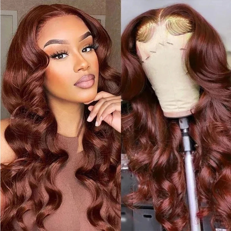 #33 Reddish Copper Brown Body Wave 13x4 Lace Front Breathable Airy Cap Real Glueless Human Wigs