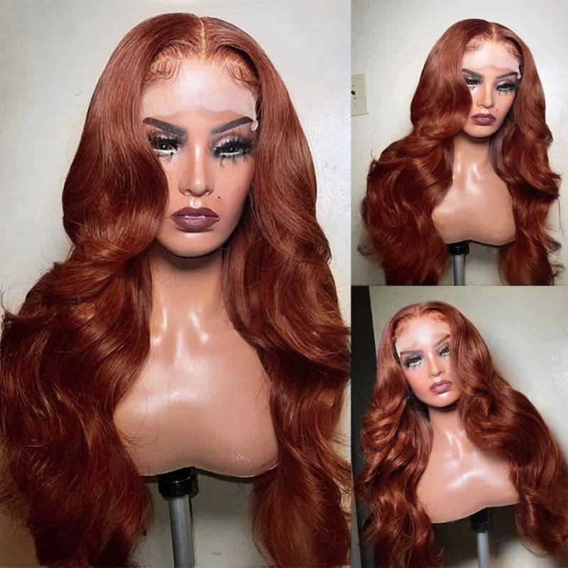 #33 Reddish Copper Brown Body Wave 13x4 Lace Front Breathable Airy Cap Real Glueless Human Wigs