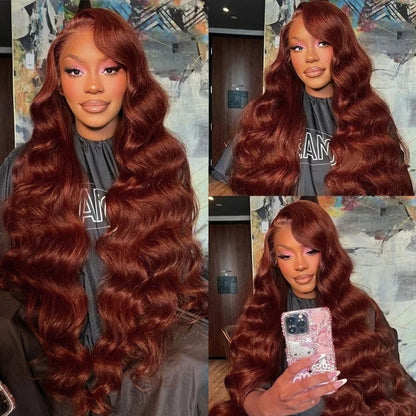 #33 Reddish Copper Brown Body Wave 13x4 Lace Front Breathable Airy Cap Real Glueless Human Wigs