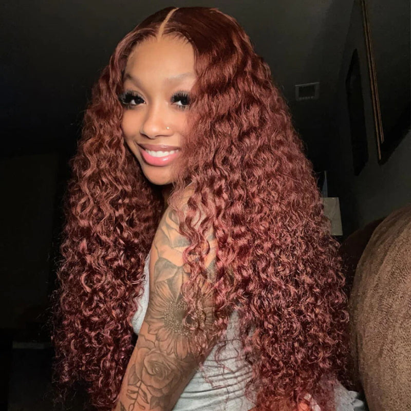 Long 40 Inch Glueless Reddish Brown Color Deep Curly 13x4 Lace Front Wig With Pre-plucked Hairline