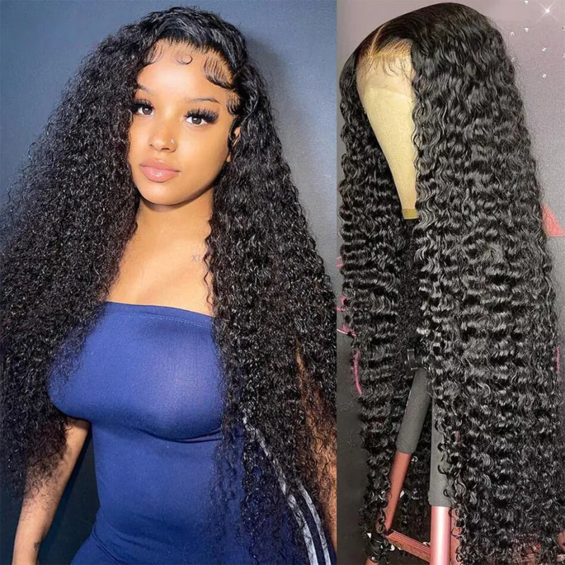 40 Inch Long 13x4 Lace Front Wig Glueless Kinky Curly Wig Wear and Go Deep Curly Human Hair Wig 250% Density