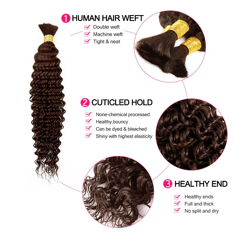 #4 Dark Brown Deep Wave Bulk Hair Extensions for Braiding No Weft Bundles