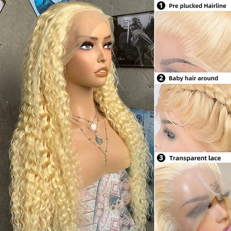 613 Blonde Color Deep Curly Wig 13x4 Lace Frontal Wig Glueless Human Hair Honey Blonde Deep Wave Wigs