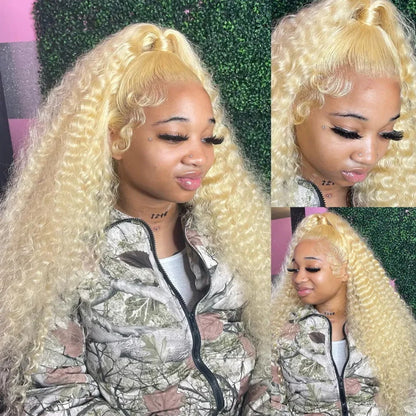 613 Blonde Color Deep Curly Wig 13x4 Lace Frontal Wig Glueless Human Hair Honey Blonde Deep Wave Wigs