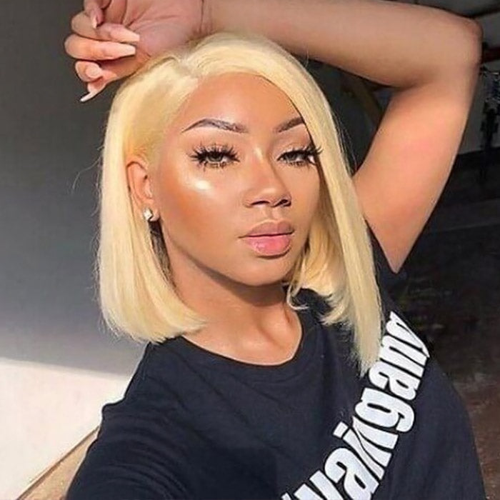 Wear and Go Glueless Straight Bob Wig 180% Density Blonde 613 Color Pre-plucked 13x4 Straight Lace Front Wigs Bleached Knots