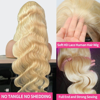 613 Lace Front Wig Blonde Body Wave Wig Pre-plucked Glueless 13x4 HD Lace Front Human Hair Wig with Bleached Knots