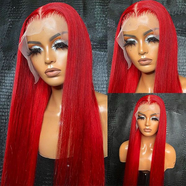 Red Colored 13x4 Lace Frontal Wig 32 Inch Straight Human Hair Wig Undetectable Invisible Ready To Wear Lace Wigs