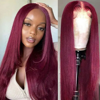 99J Wig Silky Straight Burgundy Transparent 13x4 Transparent Lace Front Human Hair Wigs