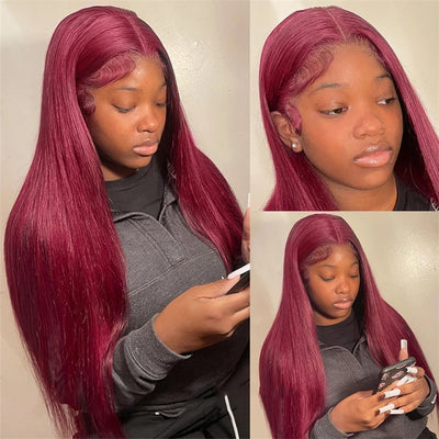 99J Wig Silky Straight Burgundy Transparent 13x4 Transparent Lace Front Human Hair Wigs