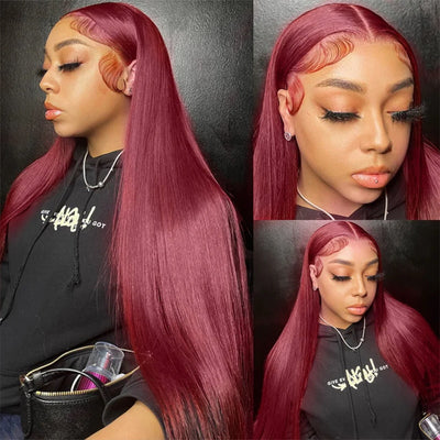 99J Wig Silky Straight Burgundy Transparent 13x4 Transparent Lace Front Human Hair Wigs