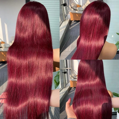 99J Wig Silky Straight Burgundy Transparent 13x4 Transparent Lace Front Human Hair Wigs