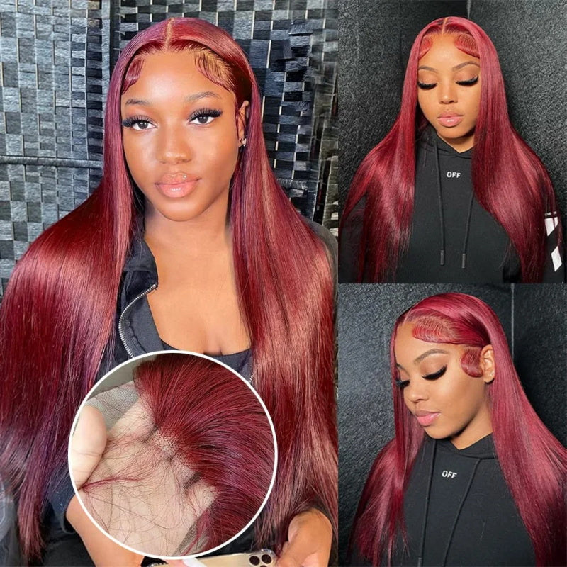 99J Wig Silky Straight Burgundy Transparent 13x4 Transparent Lace Front Human Hair Wigs