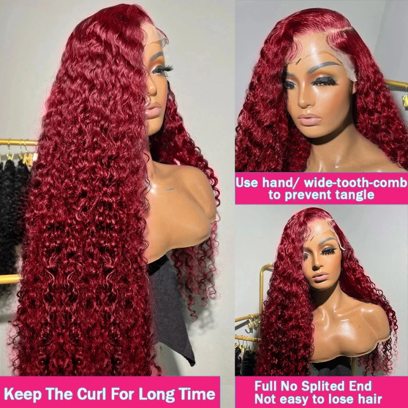 99J Human Hair Wigs Glueless Deep Wave Lace Front Wigs Burgundy 13x4 HD Lace Frontal Wig 250 Density Wig