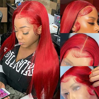 Red Colored 13x4 Lace Frontal Wig 32 Inch Straight Human Hair Wig Undetectable Invisible Ready To Wear Lace Wigs