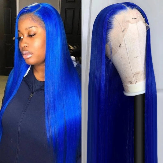 Blue Precolored Human Hair Wigs Straight Hair Wig 13x4 HD Lace Front Wig Glueless Wigs for Women