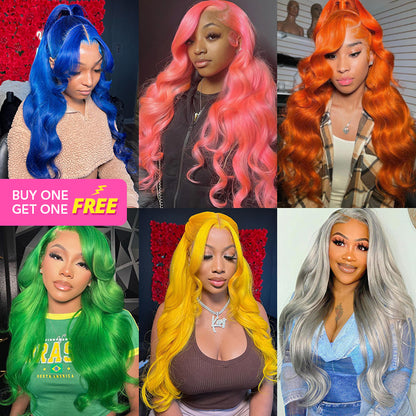 [Bogo Free Deal] Trendy Colored Pink/Blue/Ginger/Yellow/Gray/Green 180% Density 13x4 Lace Front Wig Body Wave Glueless Wigs With Pre plucked