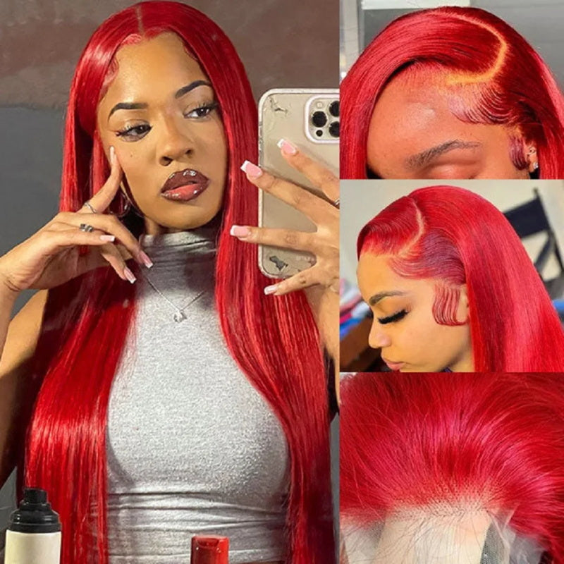 [Bogo Free Deal] Red Colored 180% Density 13x4 Lace Front Wig Straight /Body Wave/Deep Wave/Kinky Curly Glueless Wigs With Pre plucked