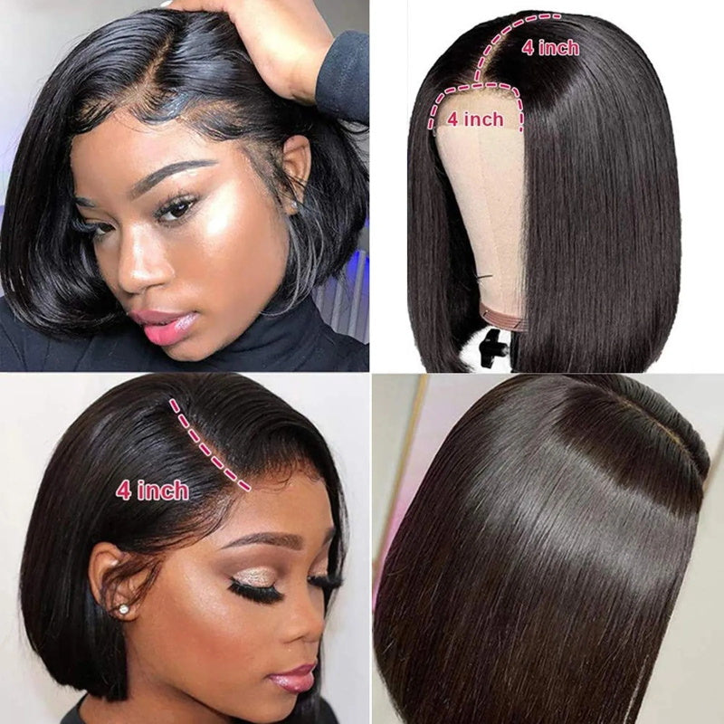  Brazilian Straight Remy Hair 4x4 Transparent  Lace Closure Wig Natural Black Short Bob Wigs