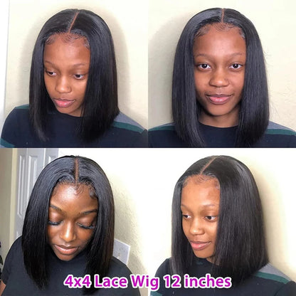  Brazilian Straight Remy Hair 4x4 Transparent  Lace Closure Wig Natural Black Short Bob Wigs