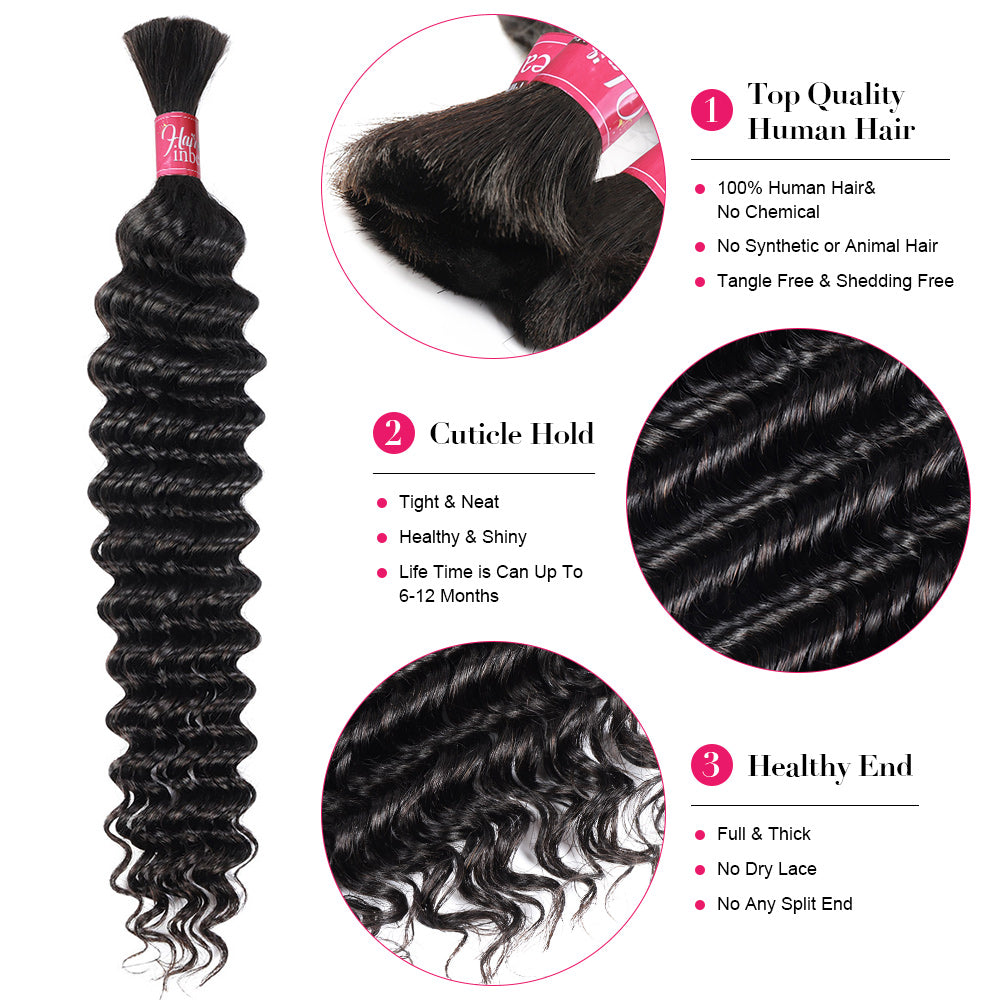 Deep Wave Braid Hair Bulk 100% Human Hair Extensions Bulk for Braiding 100g