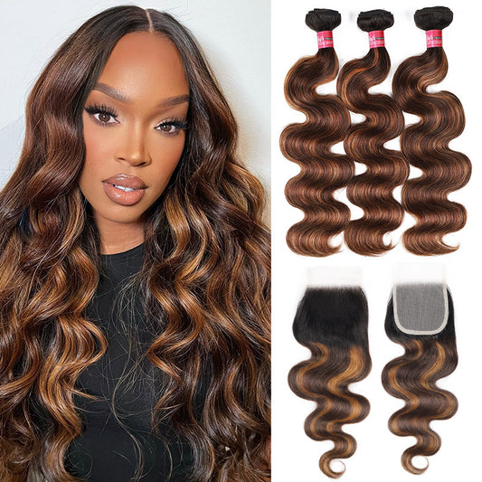 Overnight Shipping T1B/4/30 Ombre Color Brazilian Body Wave Hair 3 Bundles With 4x4 Lace Closure