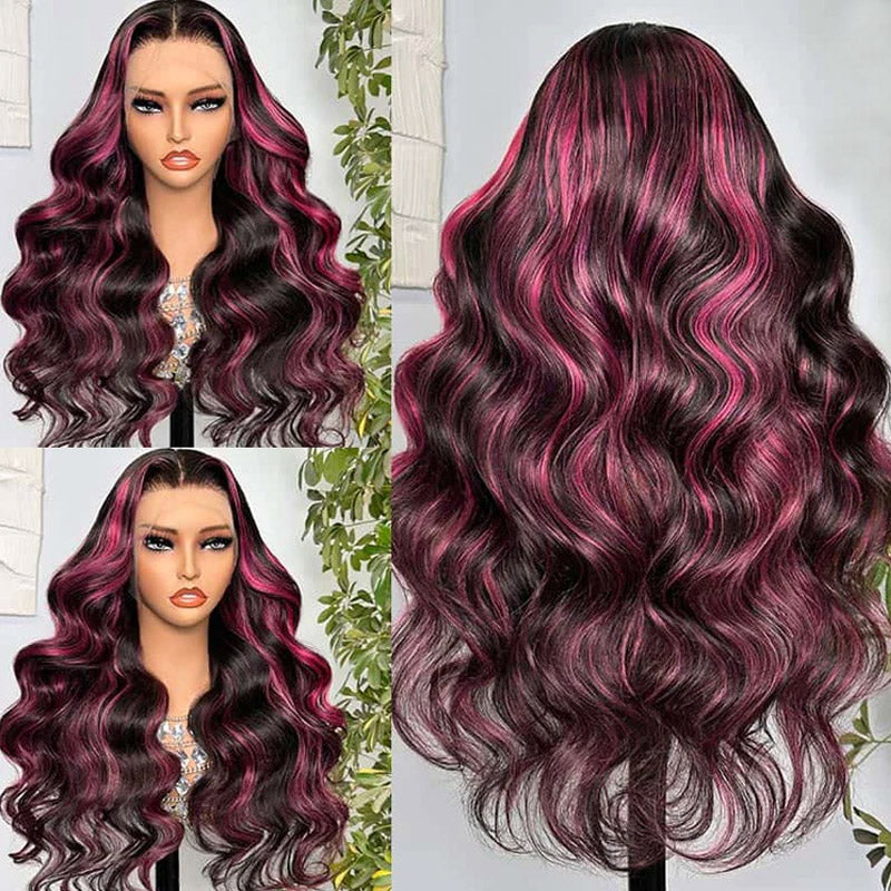 Glueless Body Wave Human Hair Wigs Highlight 1B/Pink Color 13x4 Body Wave Lace Front Wig