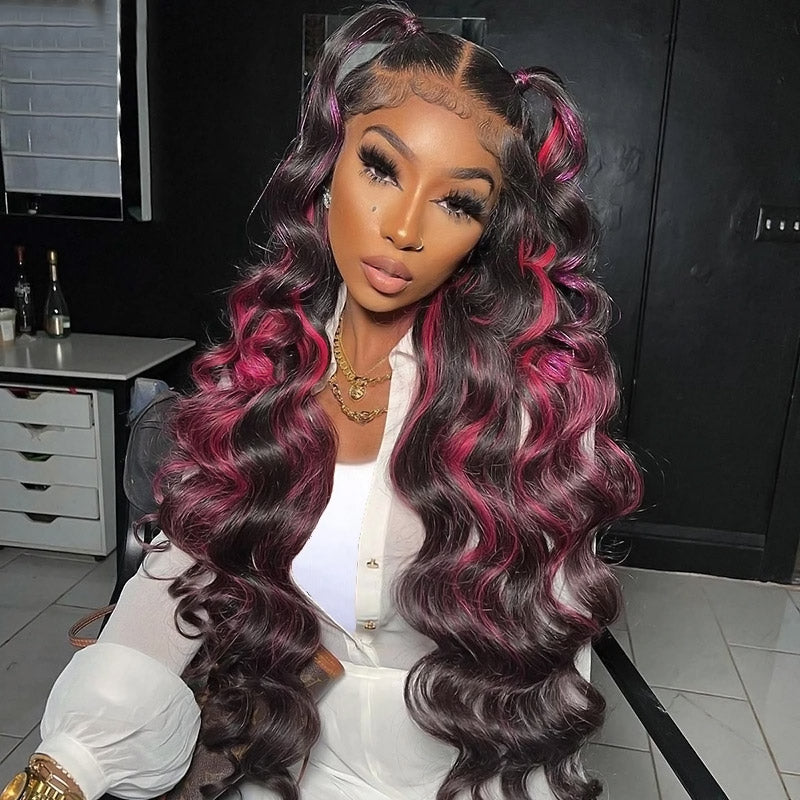 Glueless Body Wave Human Hair Wigs Highlight 1B/Pink Color 13x4 Body Wave Lace Front Wig