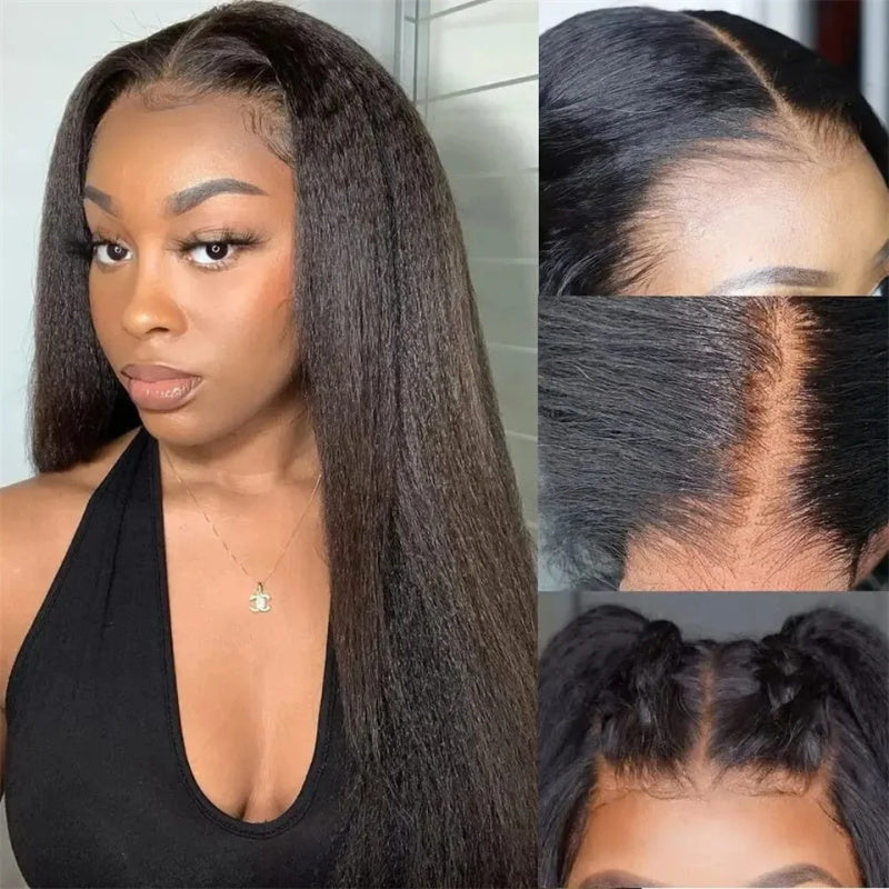 Glueless Kinky Straight 13x4 Lace Front Wig Silky Press Yaki Straight Human Hair Wig