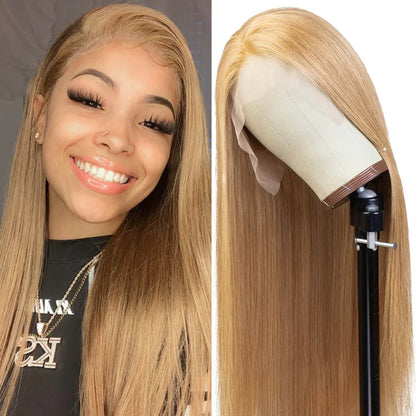 Glueless Straight Wig Honey Blonde Lace Wig 13x4 HD Lace Front Wig Straight Human Hair Wigs #27 Ginger Blonde Wig