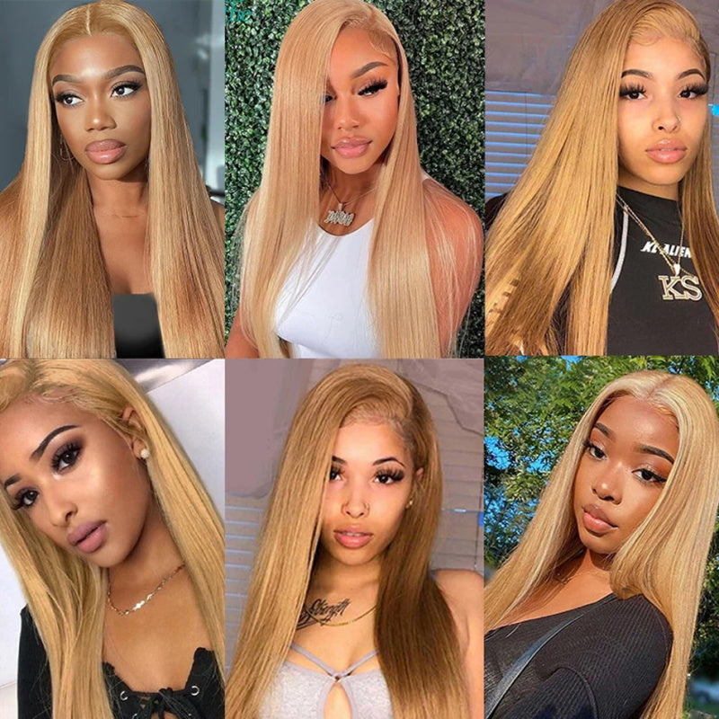 Glueless Straight Wig Honey Blonde Lace Wig 13x4 HD Lace Front Wig Straight Human Hair Wigs #27 Ginger Blonde Wig