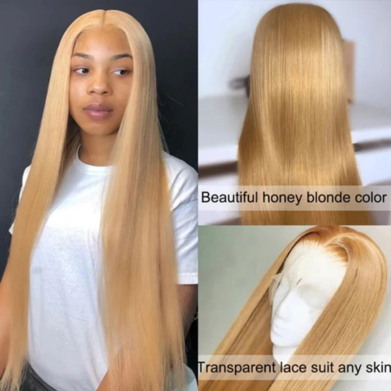 Glueless Straight Wig Honey Blonde Lace Wig 13x4 HD Lace Front Wig Straight Human Hair Wigs #27 Ginger Blonde Wig