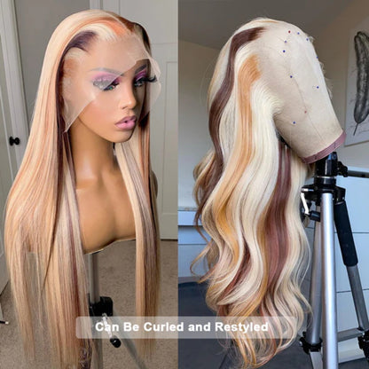 Glueless Wigs 13x4 HD Lace Front Wigs Straight Human Hair Wigs Honey Blonde Brown 613 Balayage Highlight Colored Wigs