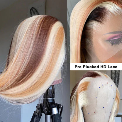 Glueless Wigs 13x4 HD Lace Front Wigs Straight Human Hair Wigs Honey Blonde Brown 613 Balayage Highlight Colored Wigs