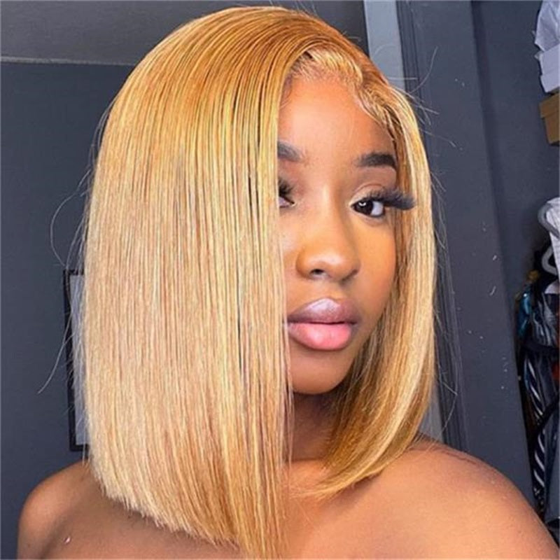 Glueless #27 Honey Blonde Short Straight Bob 13×4 Transparent Lace Wig