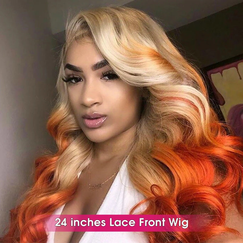 Blonde Ginger Ombre Color Body Wave Human Hair Wig Pre-plucked 13x4 HD Lace Front Wig 32 Inch Long Length Wig