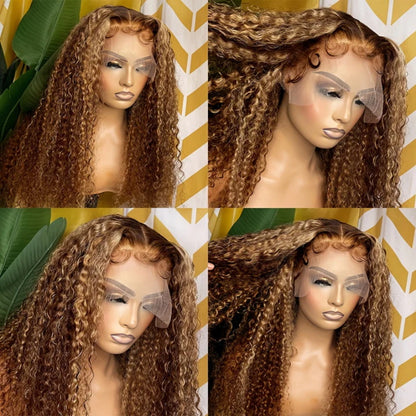 Highlight Deep Curly Lace Front Human Hair Wigs 13x4 Honey Blonde Deep Wave Colored Glueless Wigs